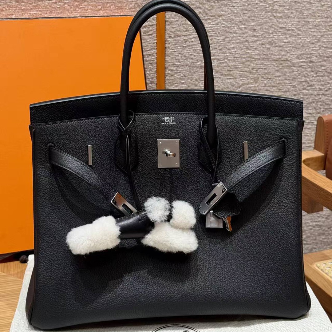 Hermes Birkin 35 Bag Handmade In Togo Calfskin Leather Silver Hardware 89 Noir - Image 3