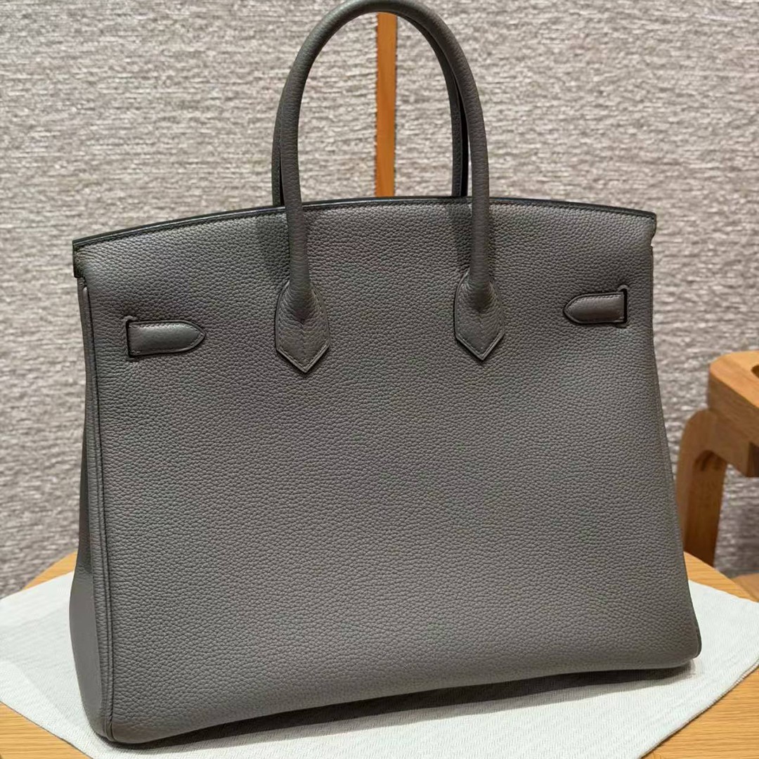 Hermes Birkin 35 Bag Handmade In Togo Calfskin Leather Silver Hardware 8F Etain - Image 2