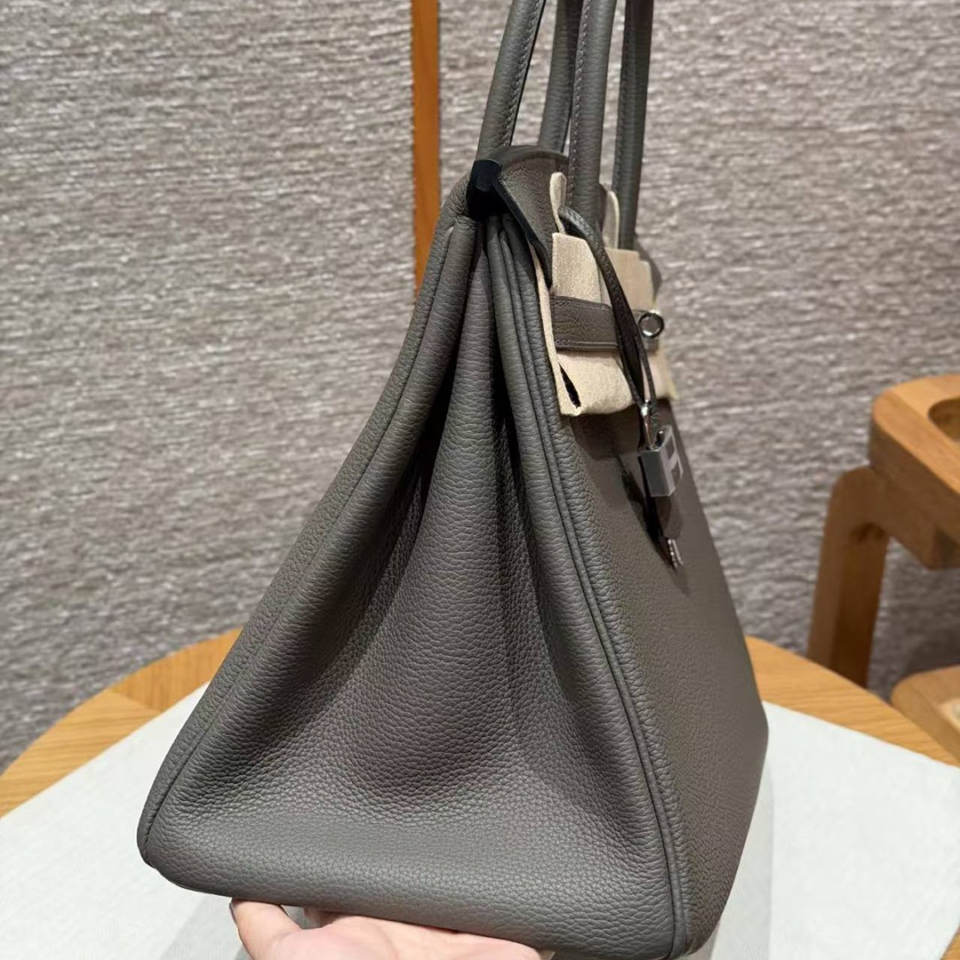 Hermes Birkin 35 Bag Handmade In Togo Calfskin Leather Silver Hardware 8F Etain - Image 16