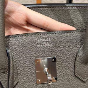 Hermes Birkin 35 Bag Handmade In Togo Calfskin Leather Silver Hardware 8F Etain - Image 11
