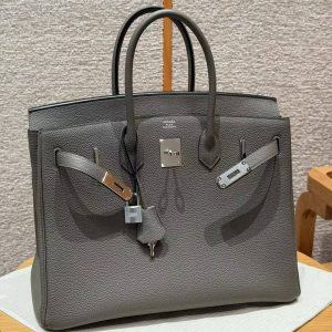 Hermes Birkin 35 Bag Handmade In Togo Calfskin Leather Silver Hardware 8F Etain - Image 9