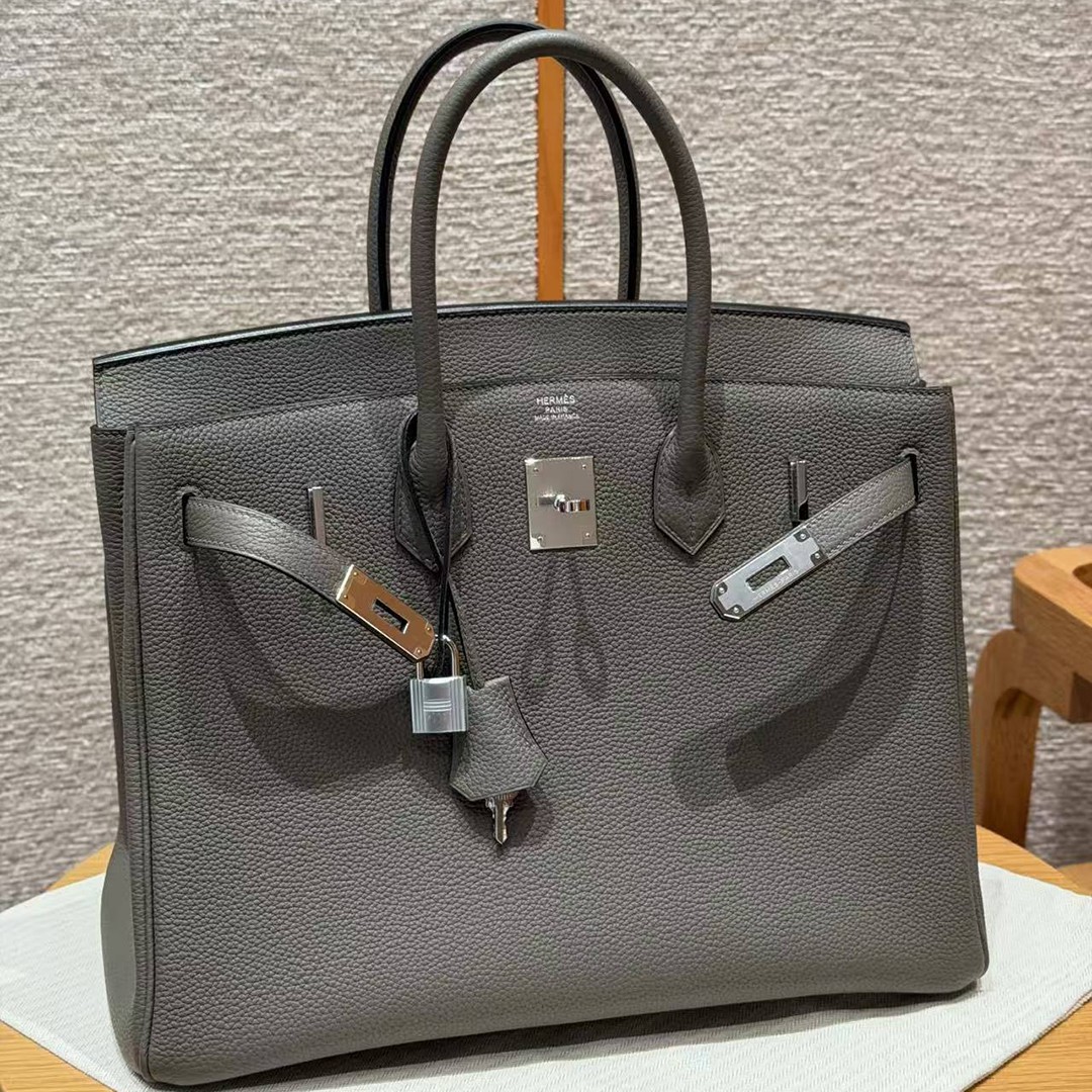 Hermes Birkin 35 Bag Handmade In Togo Calfskin Leather Silver Hardware 8F Etain - Image 9