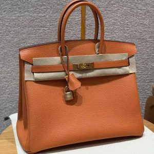 Hermes Birkin 35 Bag Handmade In Togo Calfskin Leather Gold Hardware 93 Orange
