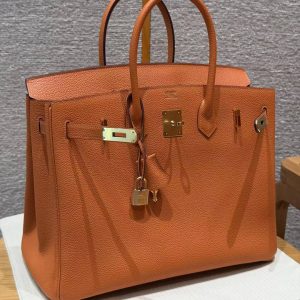 Hermes Birkin 35 Bag Handmade In Togo Calfskin Leather Gold Hardware 93 Orange - Image 15