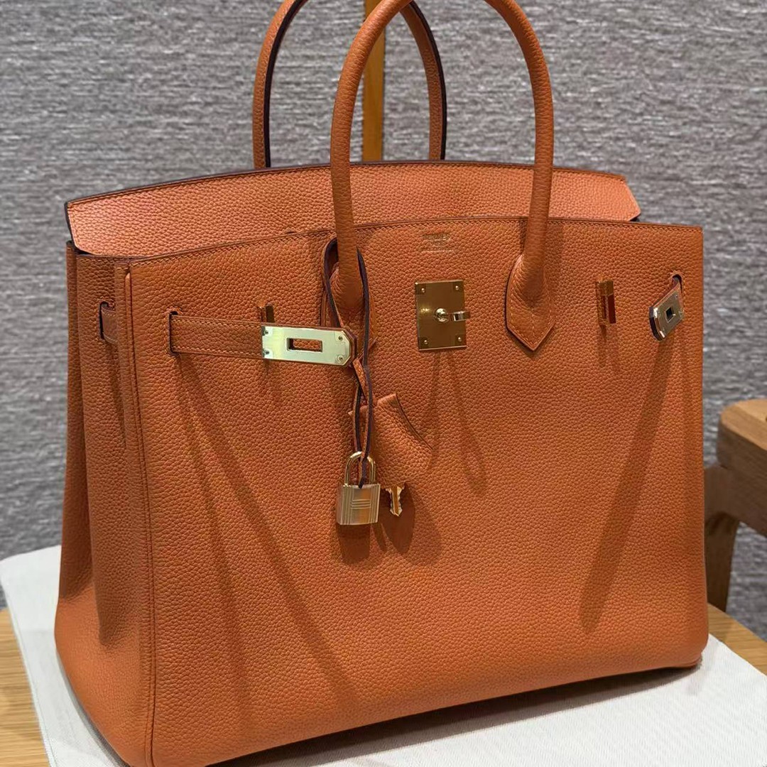 Hermes Birkin 35 Bag Handmade In Togo Calfskin Leather Gold Hardware 93 Orange - Image 15