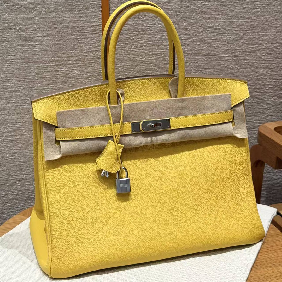 Hermes Birkin 35 Bag Handmade In Togo Calfskin Leather Silver Hardware 9r Lime