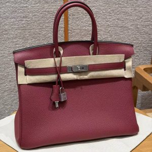 Hermes Birkin 35 Bag Handmade In Togo Calfskin Leather Silver Hardware B5 Ruby