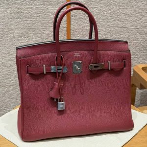 Hermes Birkin 35 Bag Handmade In Togo Calfskin Leather Silver Hardware B5 Ruby - Image 15