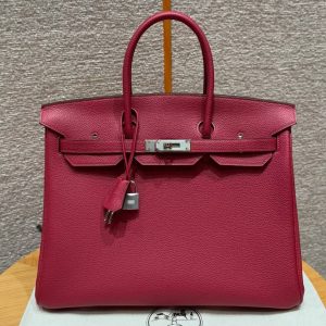 Hermes Birkin 35 Bag Handmade In Togo Calfskin Leather Silver Hardware K1 Rouge Grenat