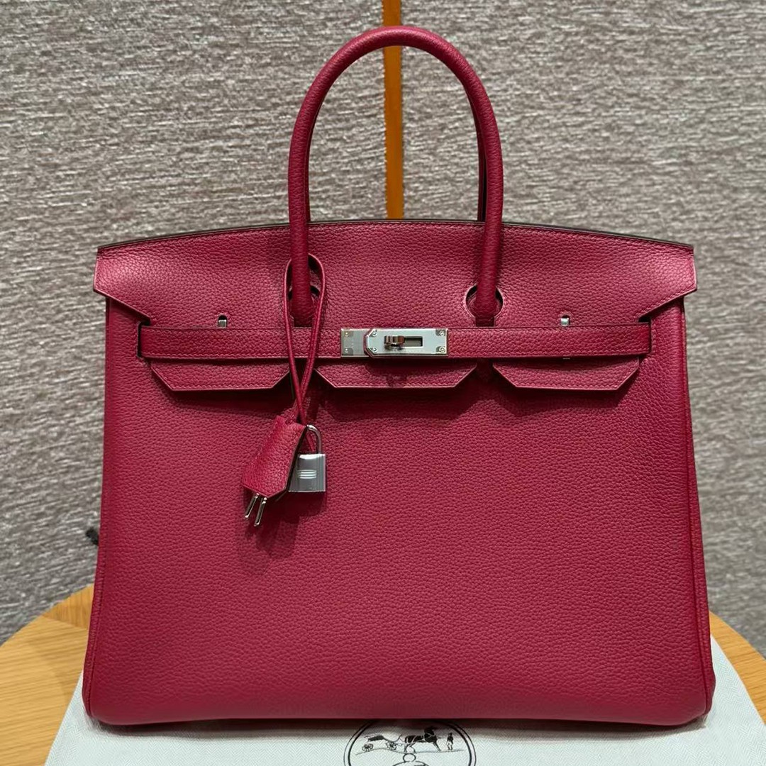 Hermes Birkin 35 Bag Handmade In Togo Calfskin Leather Silver Hardware K1 Rouge Grenat