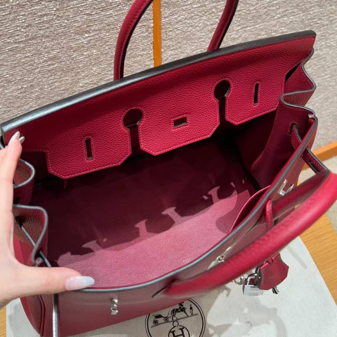 Hermes Birkin 35 Bag Handmade In Togo Calfskin Leather Silver Hardware K1 Rouge Grenat - Image 8