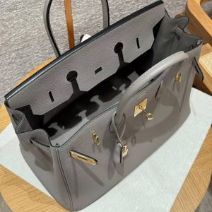 Hermes Birkin 35 Bag Handmade In Togo Calfskin Leather Gold Hardware M8 Gris Asphaite - Image 17