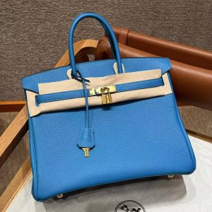 Hermes Birkin 35 Bag Handmade In Togo Calfskin Leather Gold Hardware OF Blue Frida