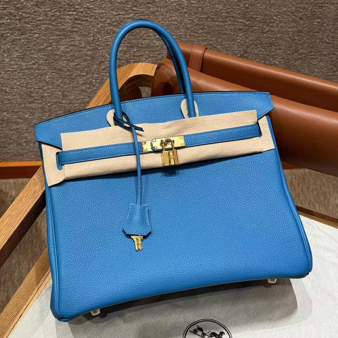 Hermes Birkin 35 Bag Handmade In Togo Calfskin Leather Gold Hardware OF Blue Frida