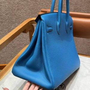 Hermes Birkin 35 Bag Handmade In Togo Calfskin Leather Gold Hardware OF Blue Frida - Image 21