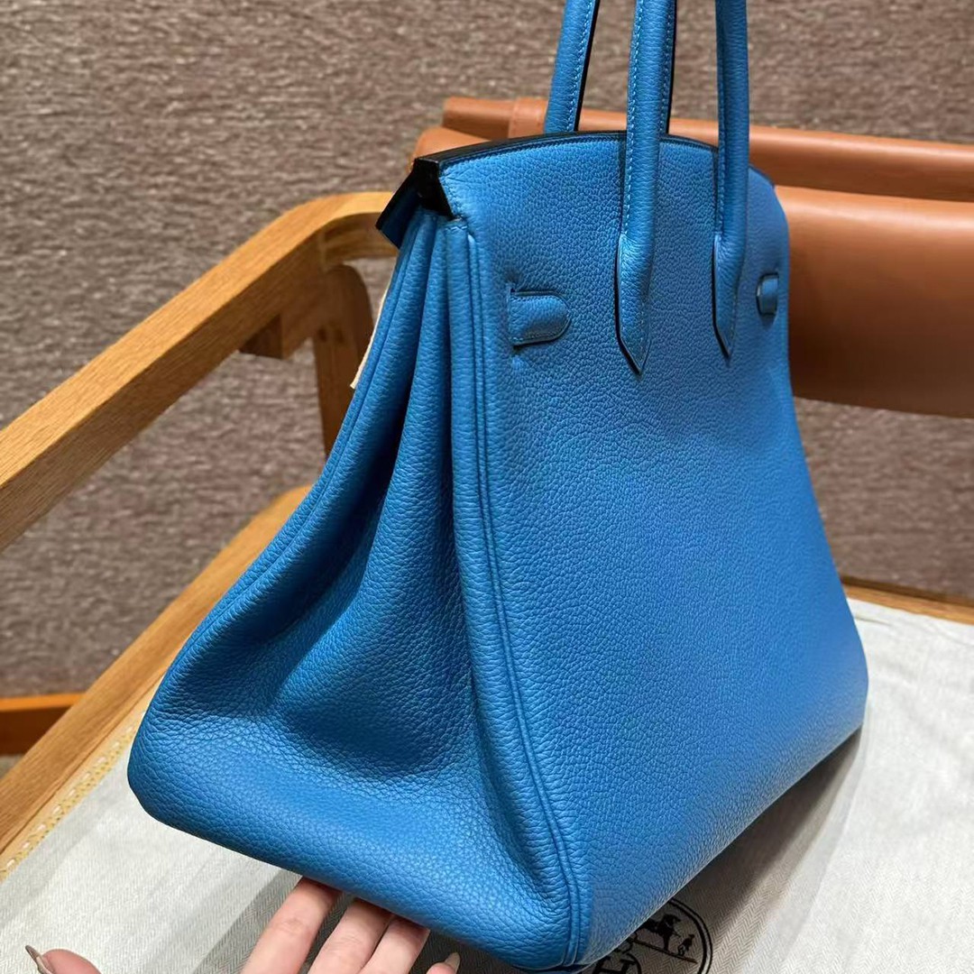 Hermes Birkin 35 Bag Handmade In Togo Calfskin Leather Gold Hardware OF Blue Frida - Image 21