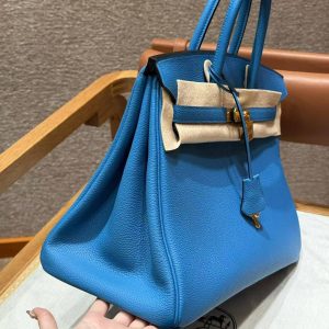 Hermes Birkin 35 Bag Handmade In Togo Calfskin Leather Gold Hardware OF Blue Frida - Image 20