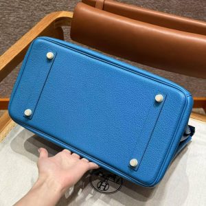 Hermes Birkin 35 Bag Handmade In Togo Calfskin Leather Gold Hardware OF Blue Frida - Image 19
