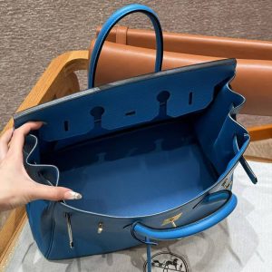Hermes Birkin 35 Bag Handmade In Togo Calfskin Leather Gold Hardware OF Blue Frida - Image 18