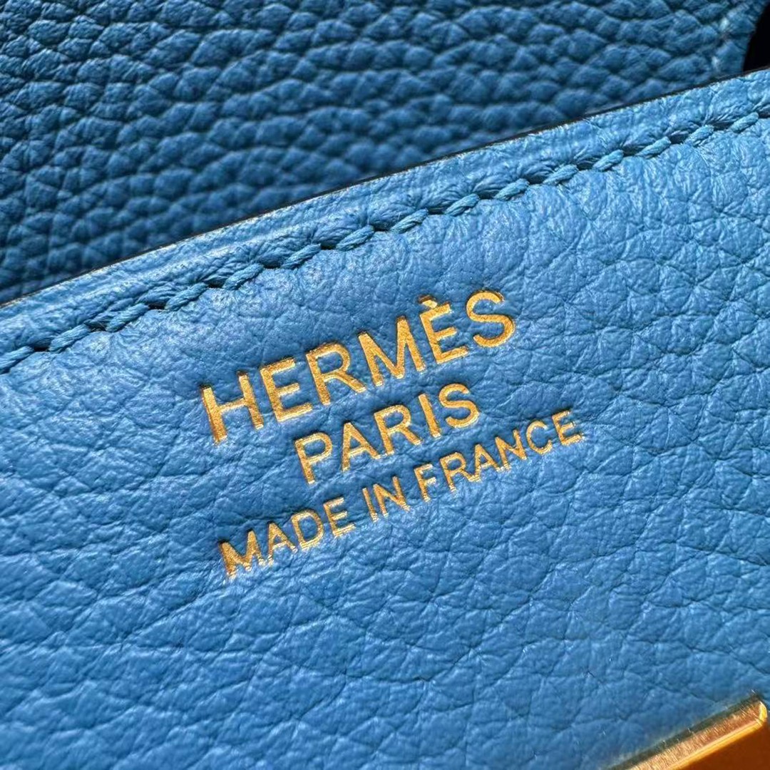 Hermes Birkin 35 Bag Handmade In Togo Calfskin Leather Gold Hardware OF Blue Frida - Image 17