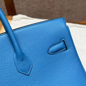 Hermes Birkin 35 Bag Handmade In Togo Calfskin Leather Gold Hardware OF Blue Frida - Image 13
