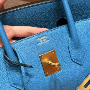 Hermes Birkin 35 Bag Handmade In Togo Calfskin Leather Gold Hardware OF Blue Frida - Image 10