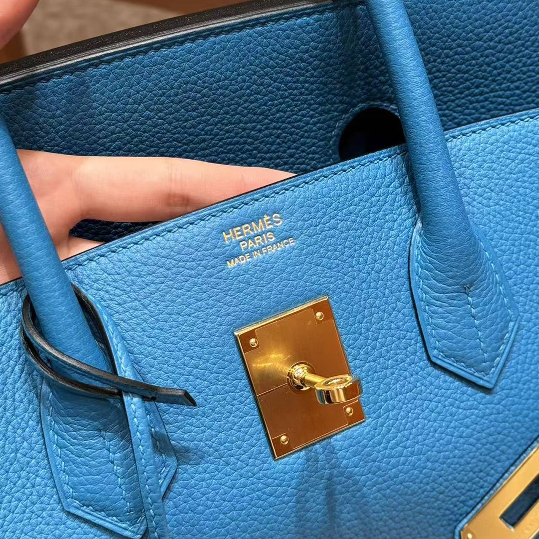 Hermes Birkin 35 Bag Handmade In Togo Calfskin Leather Gold Hardware OF Blue Frida - Image 10