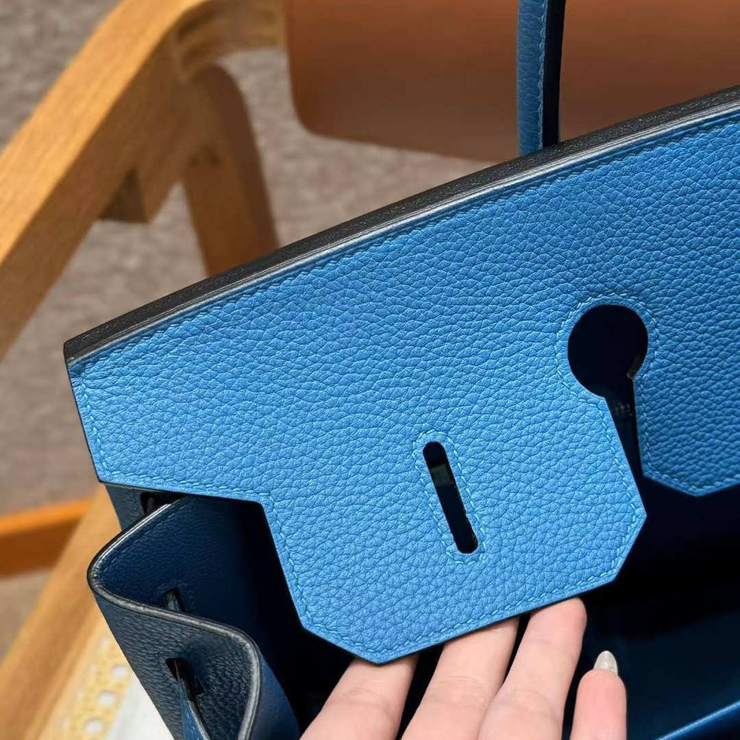 Hermes Birkin 35 Bag Handmade In Togo Calfskin Leather Gold Hardware OF Blue Frida - Image 9