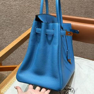 Hermes Birkin 35 Bag Handmade In Togo Calfskin Leather Gold Hardware OF Blue Frida - Image 6