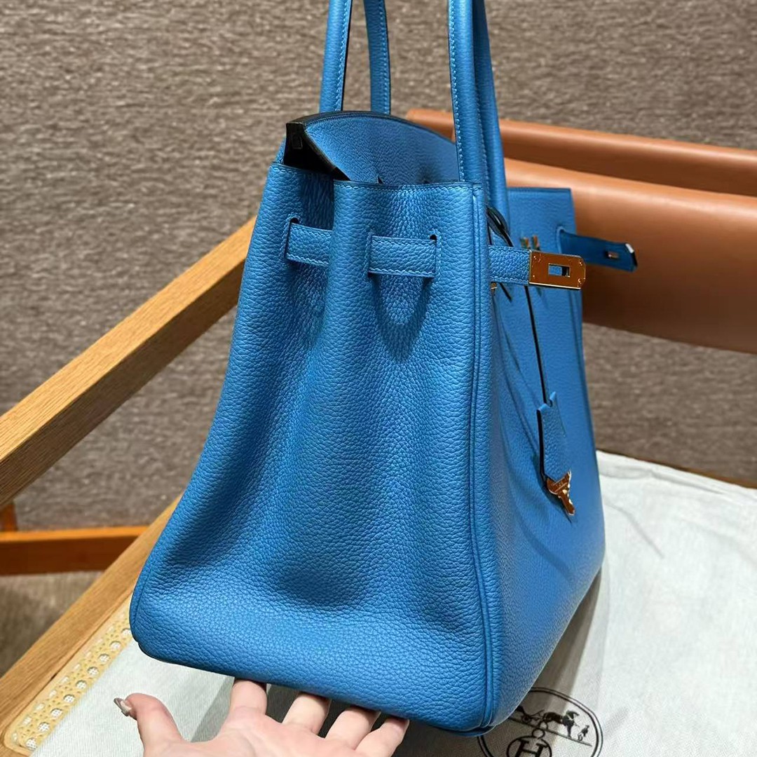 Hermes Birkin 35 Bag Handmade In Togo Calfskin Leather Gold Hardware OF Blue Frida - Image 6