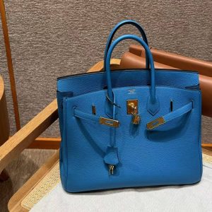 Hermes Birkin 35 Bag Handmade In Togo Calfskin Leather Gold Hardware OF Blue Frida - Image 5