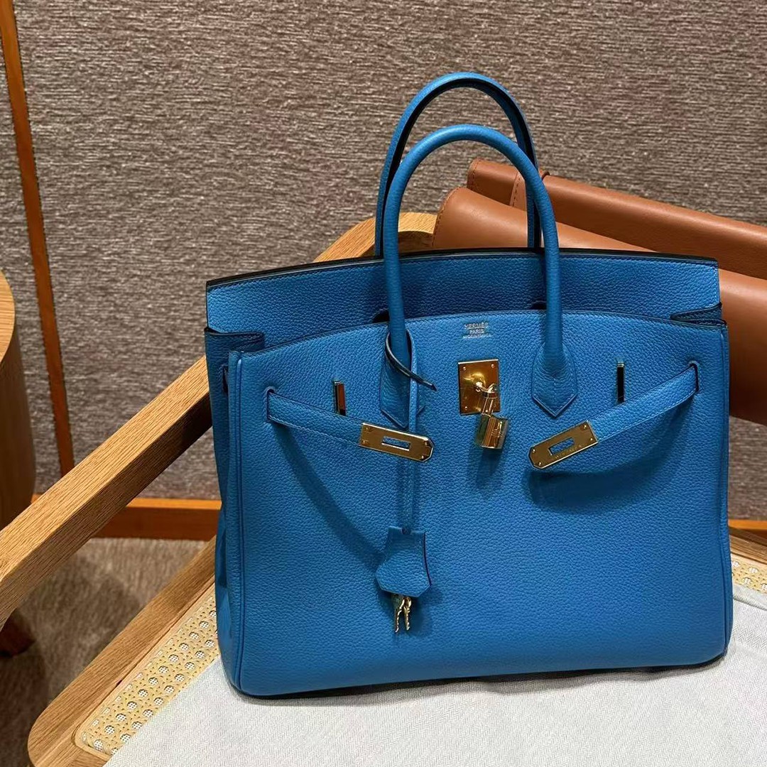 Hermes Birkin 35 Bag Handmade In Togo Calfskin Leather Gold Hardware OF Blue Frida - Image 5