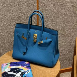 Hermes Birkin 35 Bag Handmade In Togo Calfskin Leather Gold Hardware OF Blue Frida - Image 4