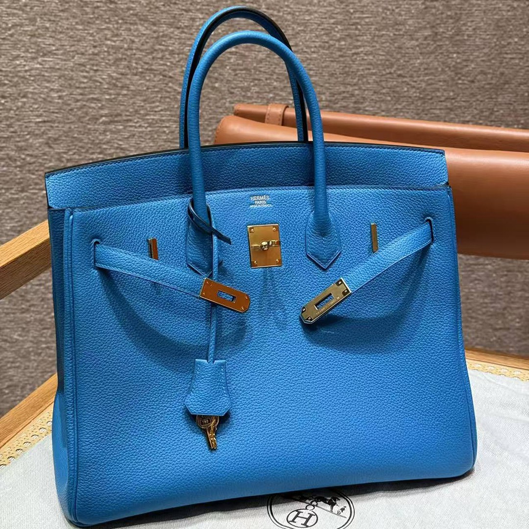 Hermes Birkin 35 Bag Handmade In Togo Calfskin Leather Gold Hardware OF Blue Frida - Image 3