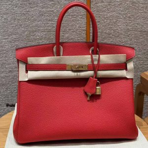 Hermes Birkin 35 Bag Handmade In Togo Calfskin Leather Gold Hardware Q5 Rouge Casaque