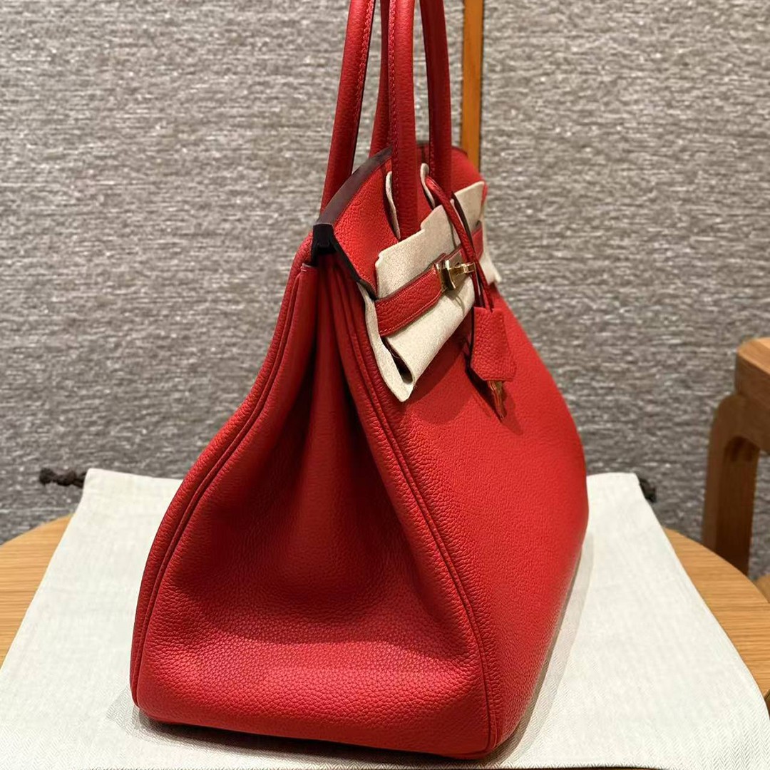 Hermes Birkin 35 Bag Handmade In Togo Calfskin Leather Gold Hardware Q5 Rouge Casaque - Image 17