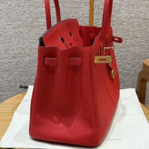 Hermes Birkin 35 Bag Handmade In Togo Calfskin Leather Gold Hardware Q5 Rouge Casaque - Image 14