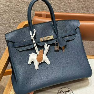 Hermes Birkin 35 Bag Handmade In Togo Calfskin Leather Silver Hardware S4 Deep Blue