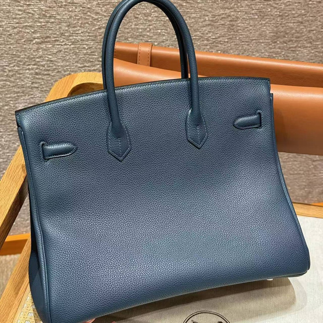 Hermes Birkin 35 Bag Handmade In Togo Calfskin Leather Silver Hardware S4 Deep Blue - Image 2