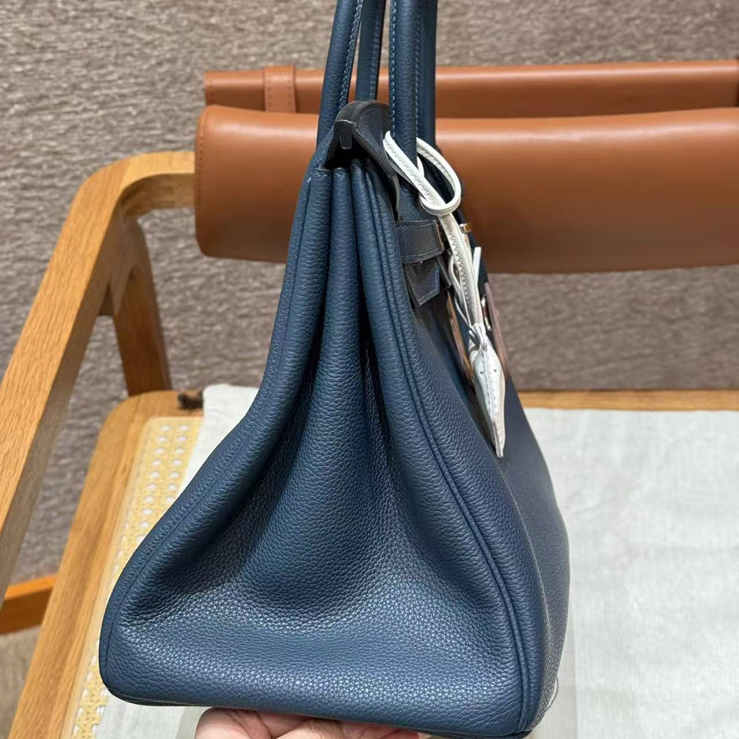 Hermes Birkin 35 Bag Handmade In Togo Calfskin Leather Silver Hardware S4 Deep Blue - Image 18