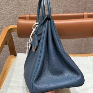 Hermes Birkin 35 Bag Handmade In Togo Calfskin Leather Silver Hardware S4 Deep Blue - Image 17