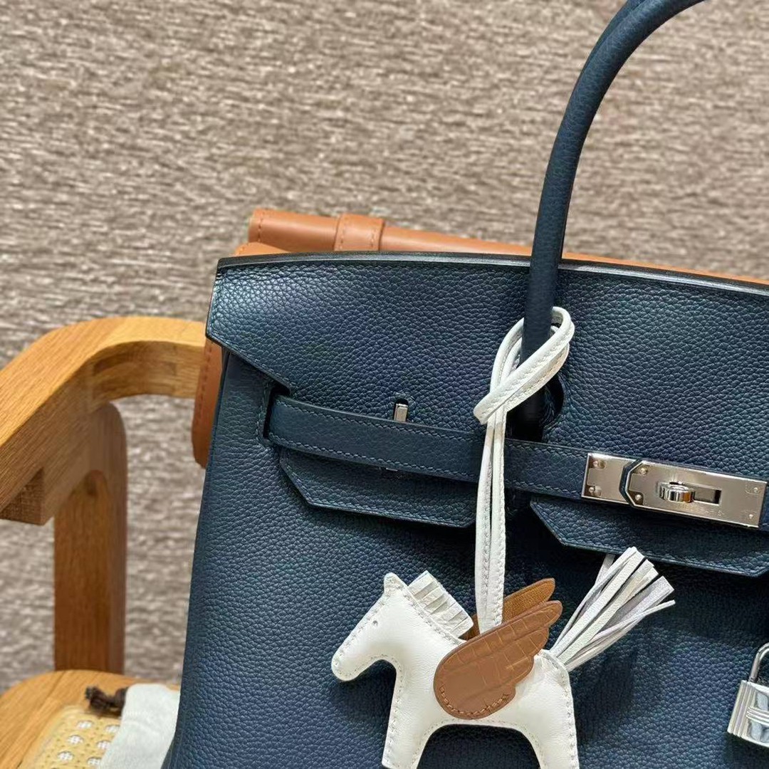 Hermes Birkin 35 Bag Handmade In Togo Calfskin Leather Silver Hardware S4 Deep Blue - Image 15