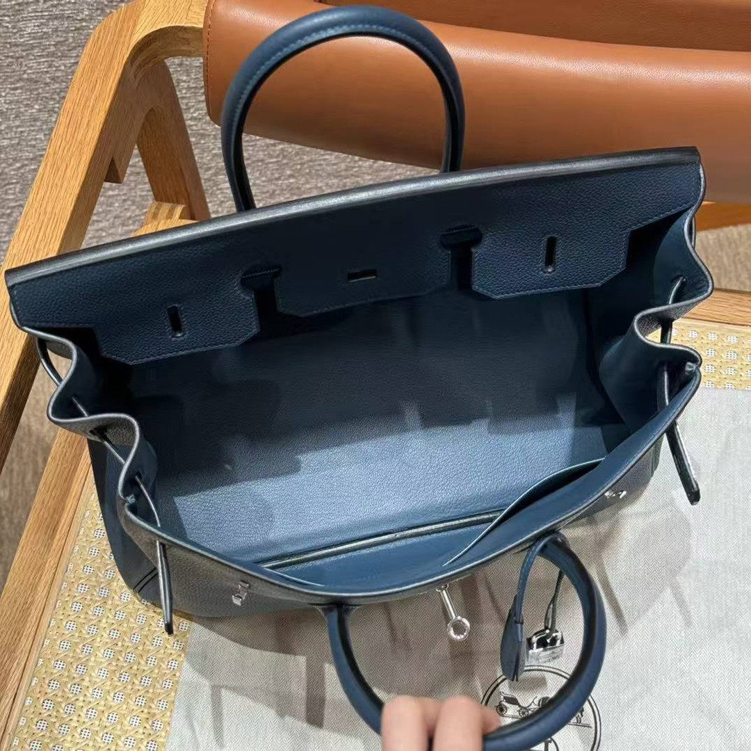 Hermes Birkin 35 Bag Handmade In Togo Calfskin Leather Silver Hardware S4 Deep Blue - Image 11