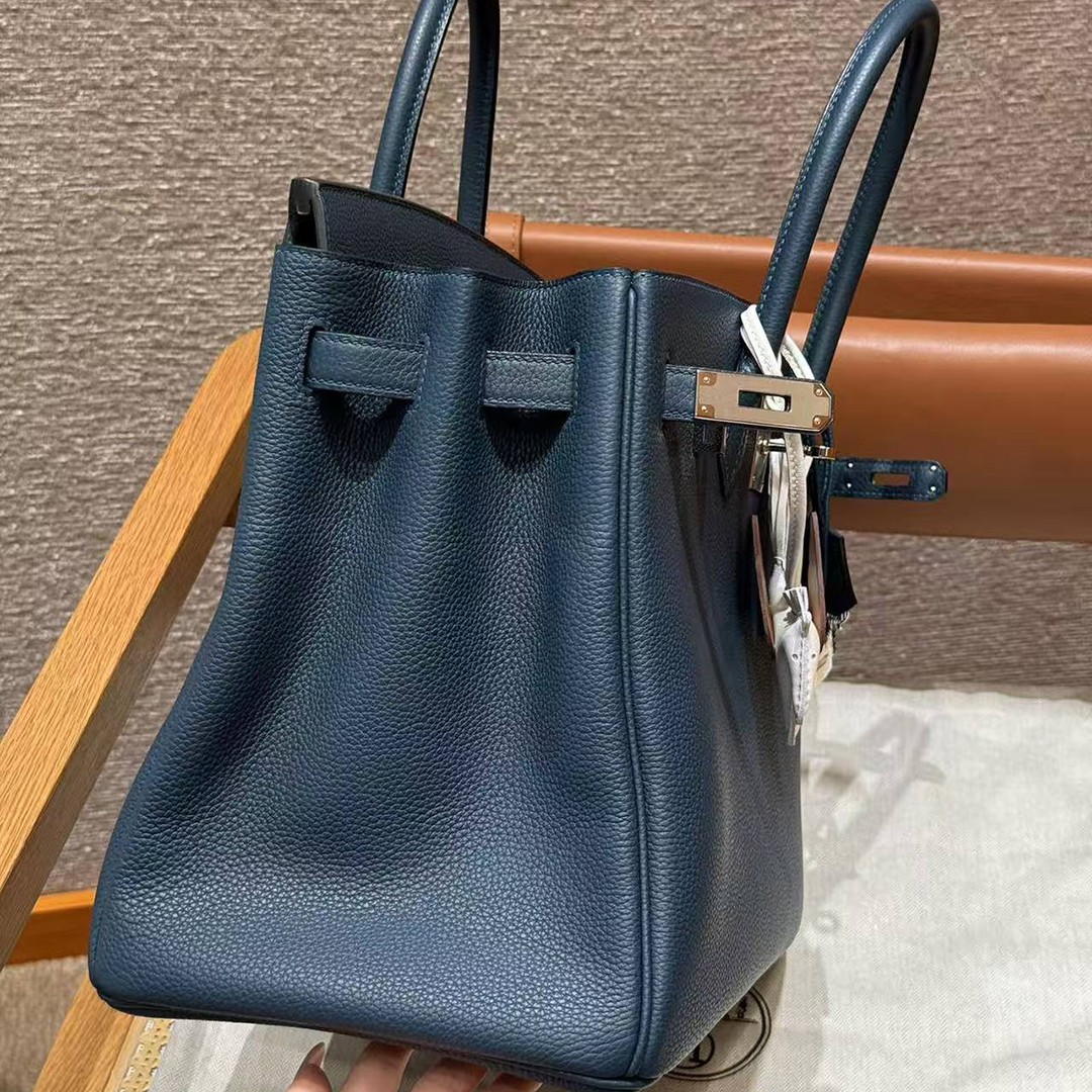 Hermes Birkin 35 Bag Handmade In Togo Calfskin Leather Silver Hardware S4 Deep Blue - Image 10