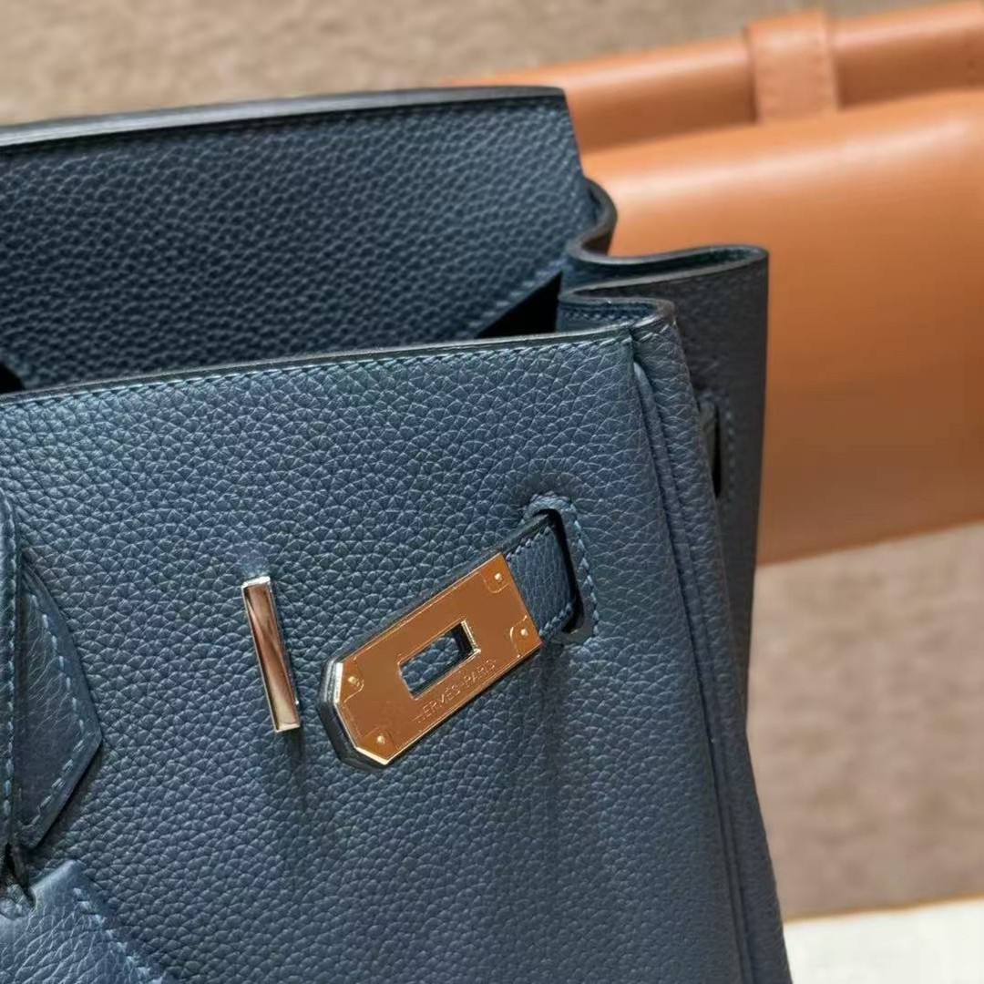 Hermes Birkin 35 Bag Handmade In Togo Calfskin Leather Silver Hardware S4 Deep Blue - Image 9
