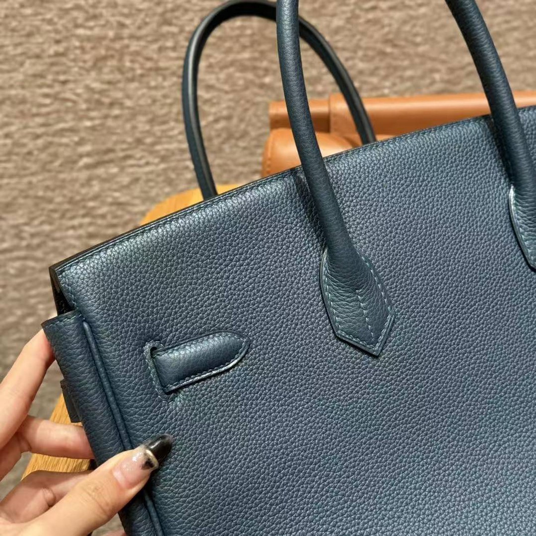 Hermes Birkin 35 Bag Handmade In Togo Calfskin Leather Silver Hardware S4 Deep Blue - Image 8