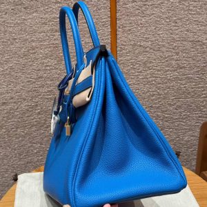 Hermes Birkin 35 Bag Handmade In Togo Calfskin Leather Gold Hardware T7 Blue Hydra - Image 17