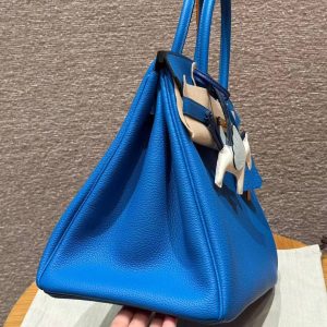 Hermes Birkin 35 Bag Handmade In Togo Calfskin Leather Gold Hardware T7 Blue Hydra - Image 16