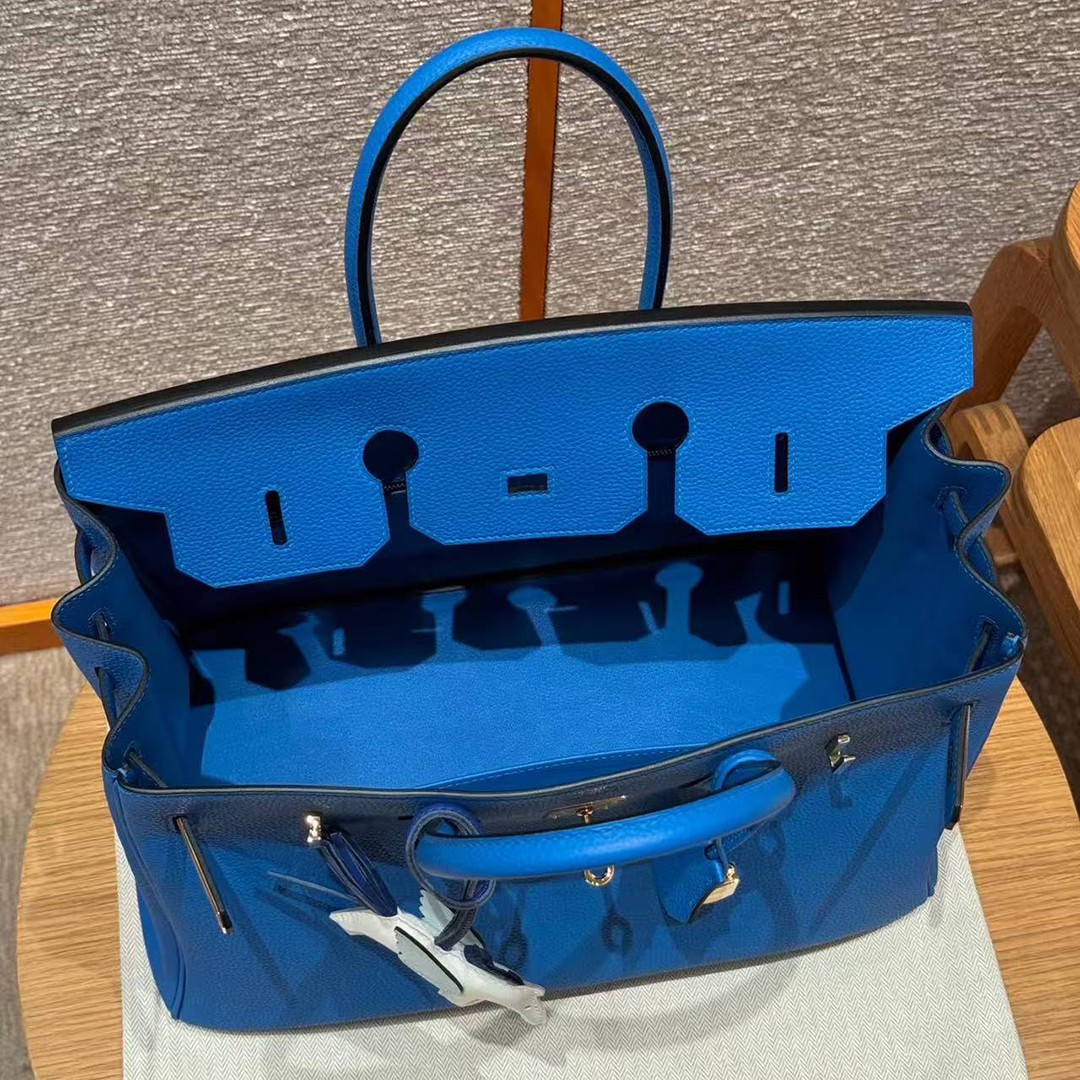 Hermes Birkin 35 Bag Handmade In Togo Calfskin Leather Gold Hardware T7 Blue Hydra - Image 14