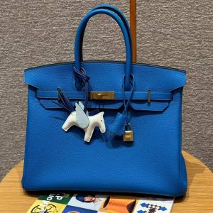Hermes Birkin 35 Bag Handmade In Togo Calfskin Leather Gold Hardware T7 Blue Hydra - Image 9
